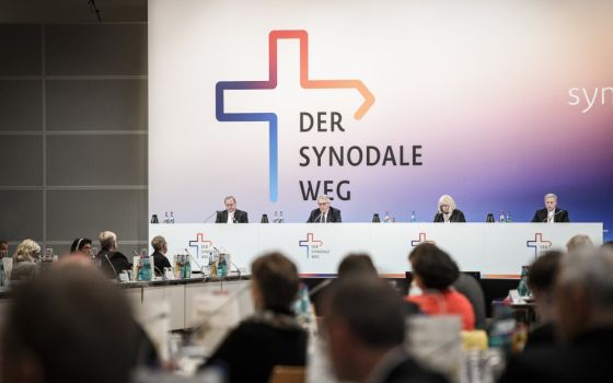Leaders of the second Synodal Assembly are pictured during its opening session in Frankfurt, Germany, in this Sept. 30, 2021, file photo.