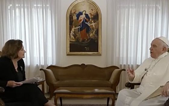 Pope Francis is pictured during an interview with Maria João Avillez of CNN Portugal at the Vatican Aug. 11, 2022. 