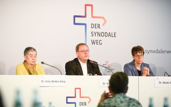 Irme Stetter-Karp, Bishop Georg Bätzing and Beate Gilles attend the fourth synodal assembly in Frankfurt