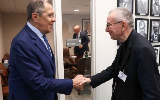 Cardinal Pietro Parolin, Vatican secretary of state, greets Russian Foreign Minister Sergey Lavrov on the sidelines of a United Nations meeting in New York City Sept. 22, 2022.