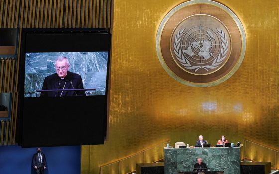  Cardinal Pietro Parolin, Vatican secretary of state, addresses the 77th session of the United Nations General Assembly at U.N. headquarters in New York City Sept. 24, 2022. (CNS photo/Eduardo Munoz, Reuters)