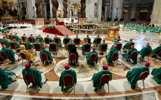 Pope Francis celebrates a Mass to open the listening process that leads up to the assembly of the world Synod of Bishops in 2023, in St. Peter's Basilica at the Vatican in this Oct. 10, 2021, file photo. (CNS photo/Remo Casilli, Reuters)