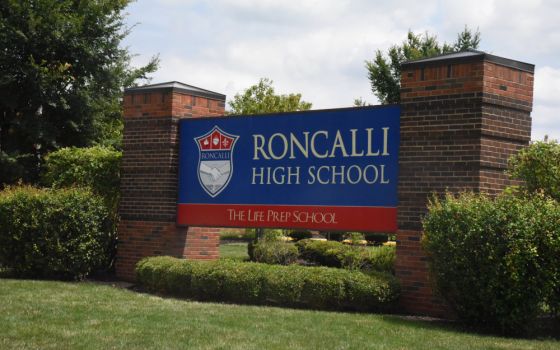 A sign for Roncalli High School in Indianapolis is seen July 23, 2020