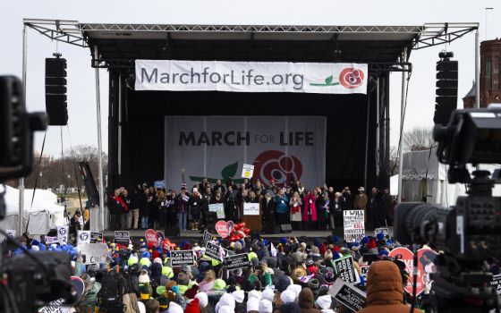 Jeanne Mancini, president of March for Life, concludes the annual March for Life rally in Washington alongside other supporters Jan. 21, 2022. (CNS photo/Tyler Orsburn)