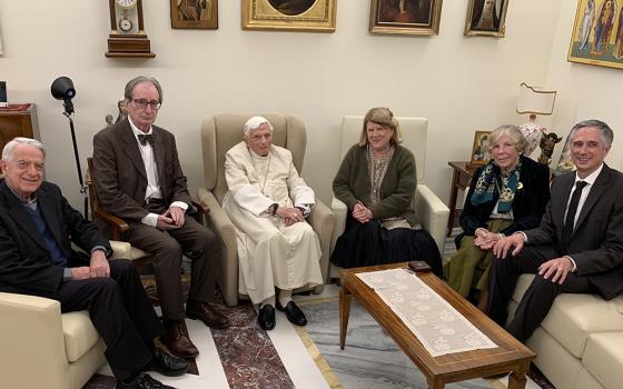Ratzinger Prize recipients are pictured with retired Pope Benedict XVI Nov. 13, 2021, at the Vatican. From left Jesuit Fr. Federico Lombardi, president of the Joseph Ratzinger-Benedict XVI Foundation; French professor Jean-Luc Marion; Pope Benedict; Australian theologian Tracey Rowland; and German professors Hanna-Barbara Gerl-Falkovitz and Ludger Schwienhorst-Schönberger. (CNS/Courtesy of Joseph Ratzinger-Benedict XVI Foundation)