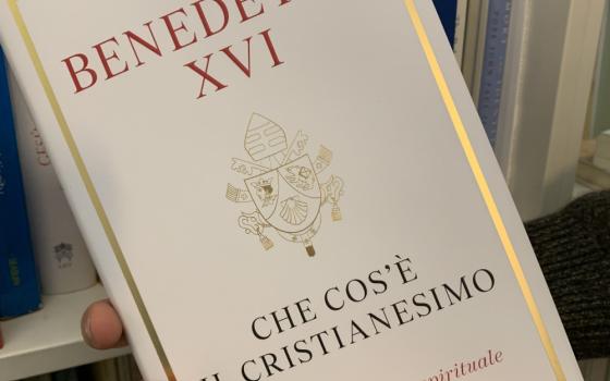 Hands hold up the book "Benedetto XI: Che cos'e il Cristanesmio" with a white and gold cover