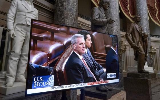 A monitor in Statuary Hall displays Rep. Kevin McCarthy, R-California, as he sits in the House chamber at the start of a 10th ballot to elect a speaker at the Capitol in Washington Jan. 5. (AP/J. Scott Applewhite)