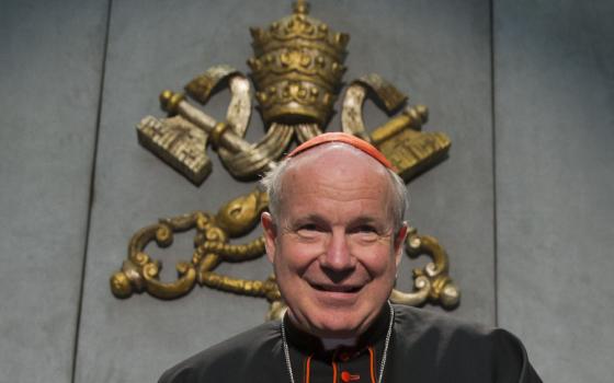 An older white man wears a red zucchetto and clergy collar while sitting in front of the Vatican crest