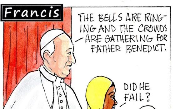 Pope Francis, Gabby and Brother Leo look out from a window with a red curtain. Francis: The bells are ringing and the crowds are gathering for Father Benedict. Gabby: Did he fail?