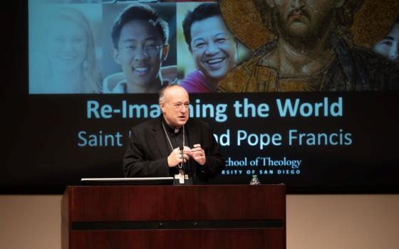 San Diego Cardinal Robert McElroy's closing plenary at the two-day conference "Re-Imagining the World: Saint Francis and Pope Francis" called Francis' worldwide process of synodal consultation is a "call to conversion to the whole church." (Courtesy of University of San Diego/Catherine Ingle)