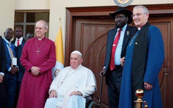 Anglican Archbishop Justin Welby, Pope Francis, President Salva Kiir Mayardit and the Rev. Iain Greenshields, moderator of the Presbyterian Church of Scotland, are pictured outside the presidential palace after the pope's arrival in Juba, South Sudan, Feb. 3. (CNS/Paul Haring)