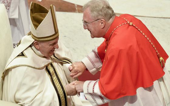 Pope Francis greets new English Cardinal Arthur Roche, prefect of the Dicastery for Divine Worship and the Sacraments, during a consistory for the creation of 20 new cardinals in St. Peter's Basilica at the Vatican Aug. 27, 2022. (CNS photo/Vatican Media)