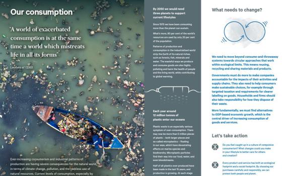 An illustrated page from a new publication by the Stockholm Environment Institute and the Vatican Dicastery for Promoting Integral Human Development released Feb. 14. The 20-page guide, titled "Our Common Home: A Guide to Caring for our Living Planet," connects the science of climate change, biodiversity and sustainable resource use with the messages of Pope Francis' 2015 encyclical, "Laudato Si', on Care for Our Common Home." (CNS/Screenshot from SEI)