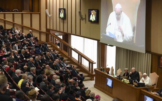 Pope Francis is projected on a large screen in front of a hall of people