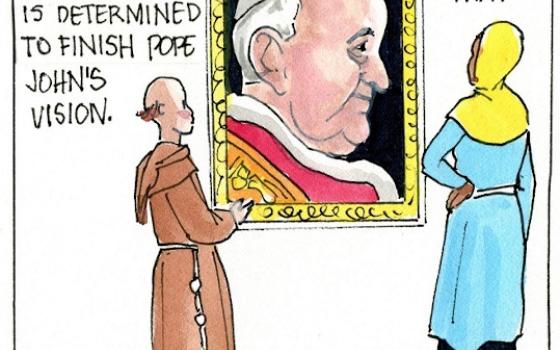 Francis, the comic strip: Brother Leo and Gabby discuss Francis' mission to continue John XXIII's vision. 