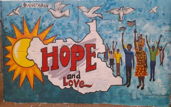 A mural welcomes Pope Francis and other church leaders coming to South Sudan for a historic ecumenical visit. The mural was created during the Jan. 28 and Jan. 31 Youth Peace Pilgrimages, held in the capital of Juba. (Courtesy of Sant'Egidio/Elizabeth Boyle)