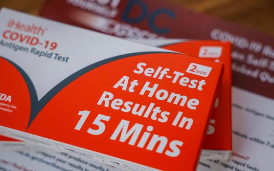 Free home COVID-19 self-testing kits provided by the District of Columbia government are seen in this illustration photo Jan. 11, 2022. (CNS/Reuters/Evelyn Hockstein)