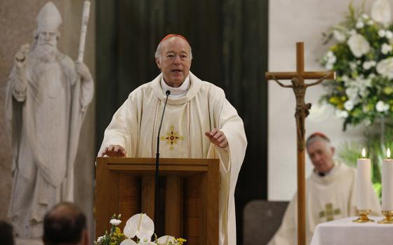 Cardinal Robert McElroy of San Diego gives the homily as he celebrates a Mass of thanksgiving at St. Patrick's Church in Rome in this Aug. 28, 2022, file photo. (CNS/Paul Haring)