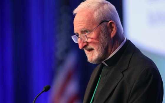 A white man with white hair, a beard, glasses, and a black cassock speaks into a microphone