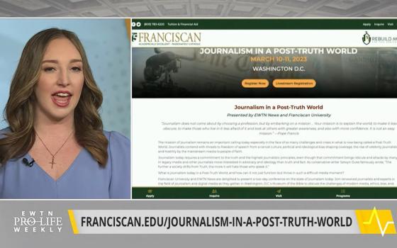 Prudence Robertson with EWTN Pro-Life Weekly announces the "Journalism in a Post-Truth World" conference, hosted by EWTN and Franciscan University of Steubenville. (EWTN/YouTube screenshot)
