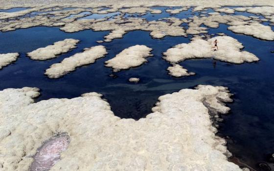 Olof Wood walks across reef-like structures called microbialites, exposed by receding waters at the Great Salt Lake, Tuesday, Sept. 6, 2022, near Salt Lake City.