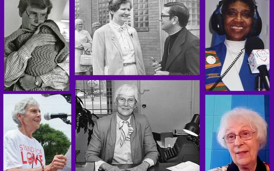 Top row, from left: St. Joseph Srs. Hope Greener, Kathleen Kilbane (seen with Cleveland Bishop Anthony Pilla), and Juanita Shealey. Bottom row, from left: St. Joseph Srs. Rita Petruziello and Loretta Schulte (photos courtesy of Congregation of St. Joseph archives); and Medical Mission Sr. Miriam Therese Winter (NCR screenshot/YouTube/Future Church).