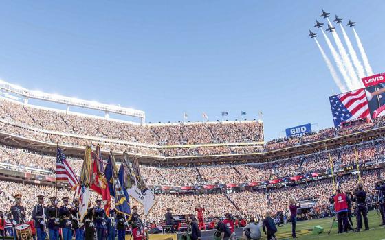 The Navy Blue Angels perform a flyover in the opening ceremonies of the Super Bowl at Levi's Stadium in Santa Clara, California, Feb. 7, 2016. (Wikimedia Commons/U.S. Department of Defense/Spc. Brandon C. Dyer)