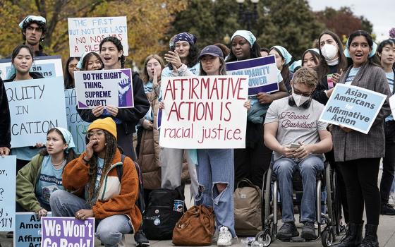 Activists demonstrate in Washington, D.C., Oct. 31, 2022, as the Supreme Court hears oral arguments on a pair of cases that could decide the future of affirmative action in college admissions. (AP/J. Scott Applewhite)