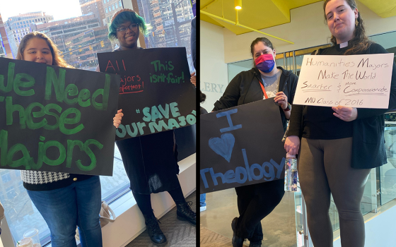 Students protest outside the Marymount University board of trustees meeting Feb. 24 in Arlington, Virginia. (Courtesy of Grace Kapacs)