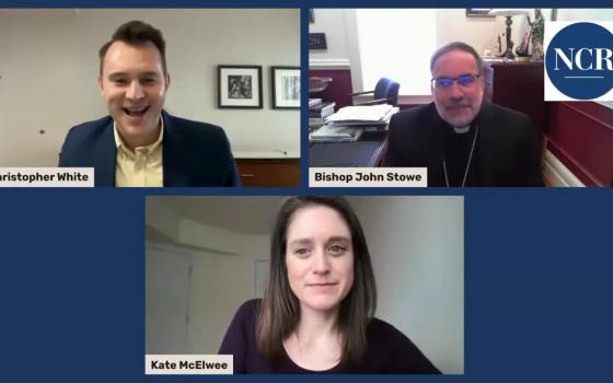 NCR Vatican correspondent Christopher White; Kate McElwee, executive director of the Women's Ordination Conference and Bishop John Stowe of Lexington, Kentucky, in a livestream event held March 14. (NCR screenshot/YouTube)