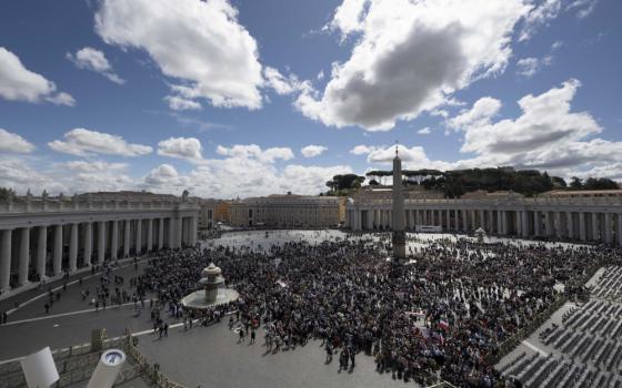 An estimated 20,000 visitors and pilgrims joined Pope Francis for the recitation of the "Regina Coeli" prayer April 16, 2023, in St. Peter's Square at the Vatican. (CNS photo/Vatican Media)