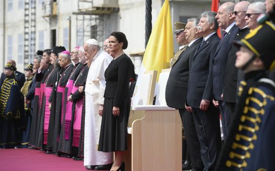 Pope Francis attends a welcoming ceremony with Hungarian President Katalin Novák at Sándor Palace in Budapest, Hungary, April 28, 2023. (CNS photo/Vatican Media)