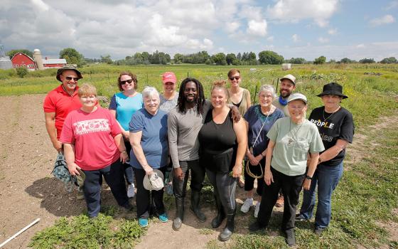 Sisters and staff of Milwaukee-area religious communities tour Full Circle Healing Farm, a community farm dedicated to racial and food justice operated by Martice and Amy scales. Martice has been active in national advocacy for a Farm Bill that prioritizes land access for BIPOC farmers.