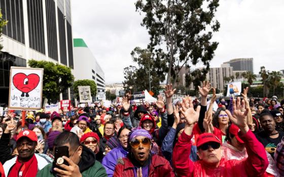 Los Angeles school workers protest in front of Los Angeles Unified School District headquarters during the first day of a walkout over contract negotiations that closed the country's second largest school system March 21, 2023. (OSV News/Reuters/Aude Guerrucci)