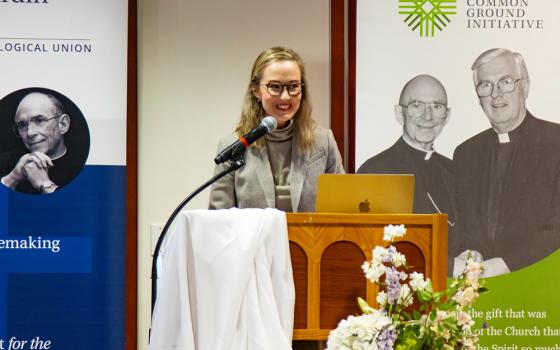 Ellen Koneck, executive director of Commonweal magazine, speaks April 14 about young people in the church at a lecture sponsored by the Catholic Common Ground Initiative and the Bernardin Center at Catholic Theological Union in Chicago. (Courtesy of Catholic Theological Union)