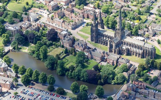 Lichfield Cathedral is seen in an aerial view of Lichfield, Staffordshire, England. It is the cathedral of the Anglican Diocese of Lichfield, which recently announced its divestment from fossil fuels. (Wikimedia Commons/West Midlands Police)