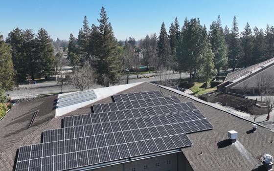 A total of 171 solar panels sit atop the Memorial Center at St. Anthony Parish in Sacramento, California. The array provides electricity to power the entire parish campus. (Courtesy of Kim-Son Ziegler)