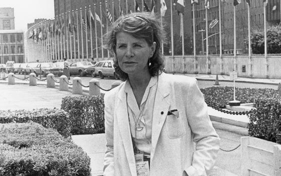 Patricia Lefevere outside the United Nations in New York City on July 2, 1982, during a U.N. special session on disarmament (NCR file photo)