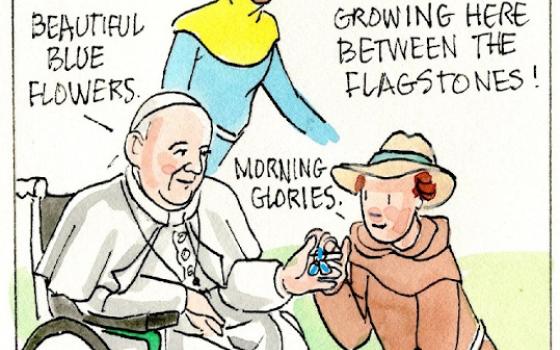 Francis, the comic strip: Brother Leo plants seeds of evangelism to go out into the world.