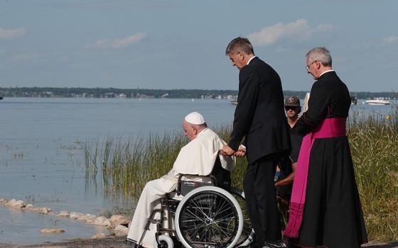 Pope Francis visits the lake as he participates in the Lac Ste. Anne pilgrimage and Liturgy of the Word July 26, 2022, in Lac Ste. Anne, Alberta. (CNS/Paul Haring)