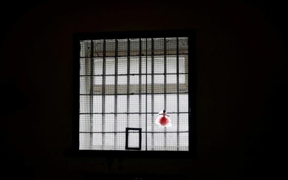 A lit window in the dark is covered by mesh and metal bars with a pink rag doll hanging from it