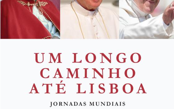 A book cover features photos of Pope John Paul II, Benedict, and Francis with the words "Um Longo Caminho Ate Lisboa"