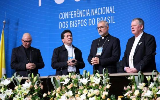 Brazil prelates pictured during the Catholic bishops' conference's general assembly April 19-28, 2023, in Aparecida are, from left, Bishop Ricardo Hoepers of Rio Grande, Bishop Paulo Jackson Nóbrega de Sousa of Garanhuns, Archbishop João Justino de Medeiros Silva of Goiânia and Archbishop Jaime Spengler of Porto Alegre. After the election of the new leaders of the conference April 24, two Afro Brazilian priests released a public letter criticizing the fact that most of the new leaders of the Brazilian churc