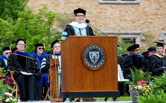 Molly Burhans delivers the 2023 commencement speech at Saint Mary's College in Notre Dame, Indiana, on May 20. (Alonzo Fotography LLC)
