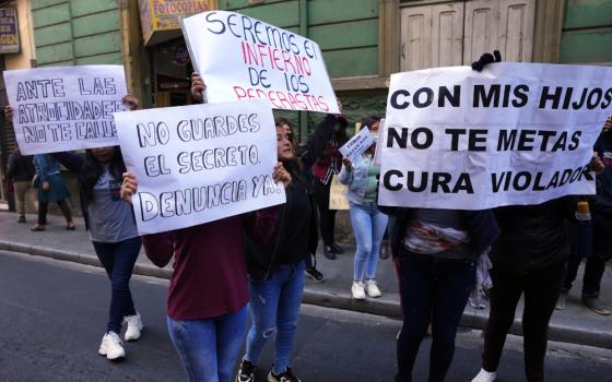 People stand with various signs at their head level, including one saying "Con mis hijos, no te metas cura violador"