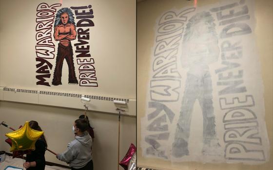 Walsh Jesuit High school in Cuyahoga Falls, Ohio, remains the "Warriors" but has severed its mascot's association with Native Americans. With the backing of the original artist, murals on campus were painted over in 2021. (Courtesy of Walsh Jesuit High School)