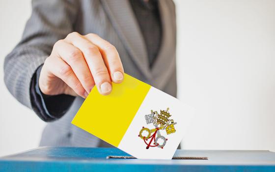 A woman casts a vote with a ballot decorated with the Vatican flag (NCR illustration/Toni-Ann Ortiz; photo by Dreamstime/Melinda Nagy)