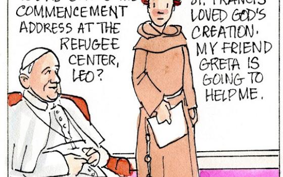 Francis, the comic strip: Greta helps Brother Leo with his commencement address. 