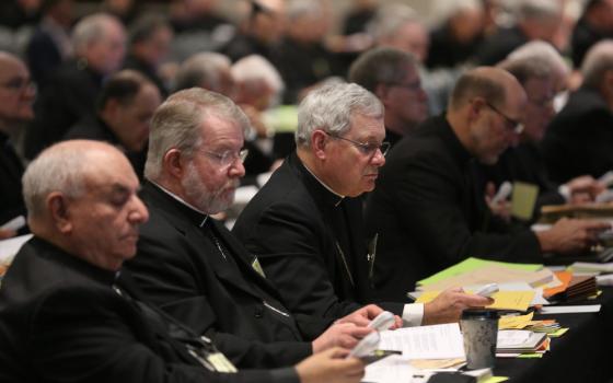 Bishop David Malloy of Rockford, Illinois, center, votes alongside other prelates June 14, 2018, during the U.S. Conference of Catholic Bishops' spring assembly in Fort Lauderdale, Florida. The 2023 spring assembly will be held in Orlando, Florida, June 14-16. (OSV News/CNS file/ Bob Roller)