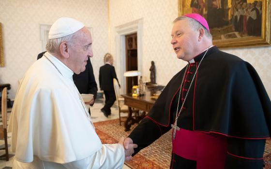 Pope Francis greets Bishop Richard F. Stika of Knoxville, Tenn., during a meeting with U.S. bishops from Regions IV and V making their "ad limina" visits to the Vatican, Dec. 3, 2019. The regions include the District of Columbia, Delaware, Maryland, Virginia, U.S. Virgin Islands, West Virginia, the Archdiocese for the Military Services, Louisiana, Alabama, Kentucky, Mississippi and Tennessee. (CNS photo/Vatican Media) 